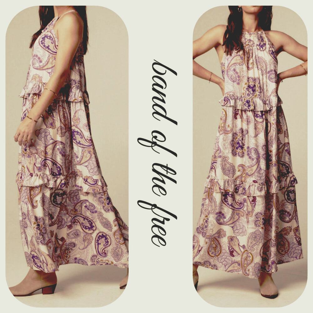 Band Of The Free Paisley Tie Neck Smocked Tiered Maxi Dress Cream Purple Lined S